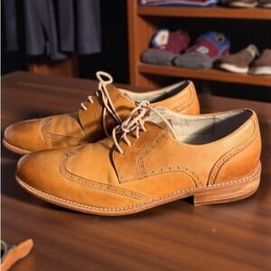 Men's Sz 9.5 PERRY ELLIS PORTFOLIO Tan Leather Wingtip Brogue Lace Up Shoes EUC